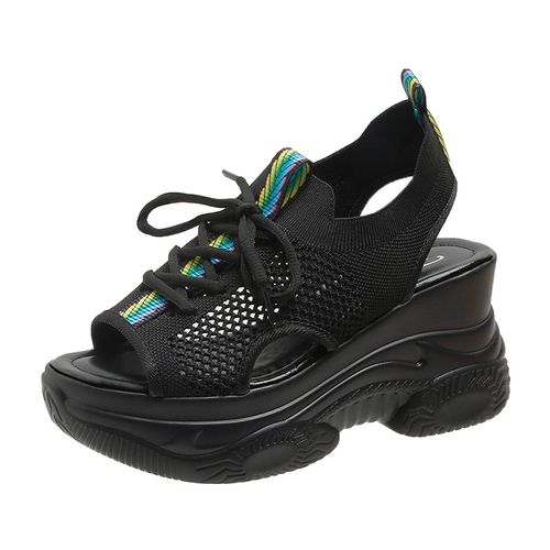 Women's Fashion Knitted Wedge Sandals, Casual Peep Toe Lace Up Platform Shoes, Versatile Summer Outdoor Sandals