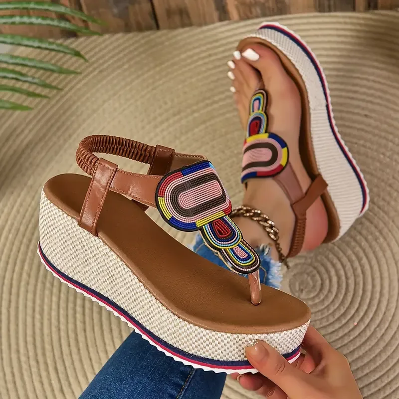 Women's Boho Platform Thong Sandals, Slip On Soft Sole Vacation Summer Shoes, Comfort Beach Wedge Shoes