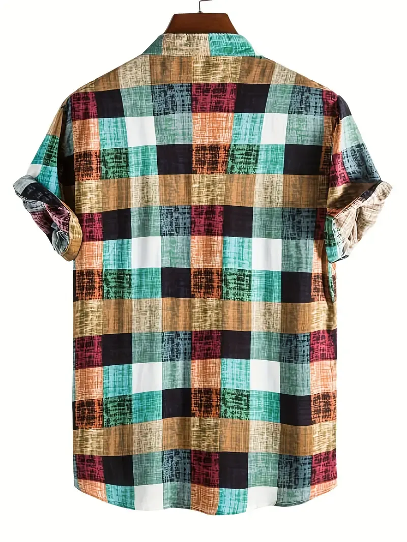 Plaid Men's Shirt Top Turn-Down Collar Short Sleeve Closure Male Casual Shirt For Men Daily Vacation Streetwear