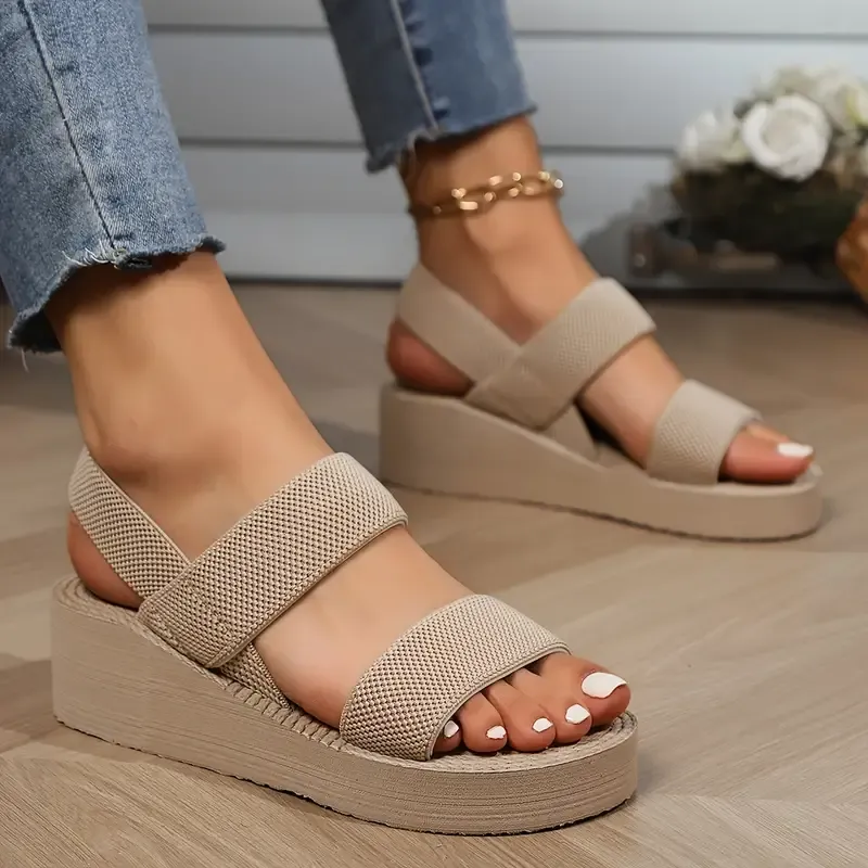 Women's Solid Color Wedge Heeled Sandals, Casual Open Toe Platform Shoes, Comfortable Ankle Strap Sandals