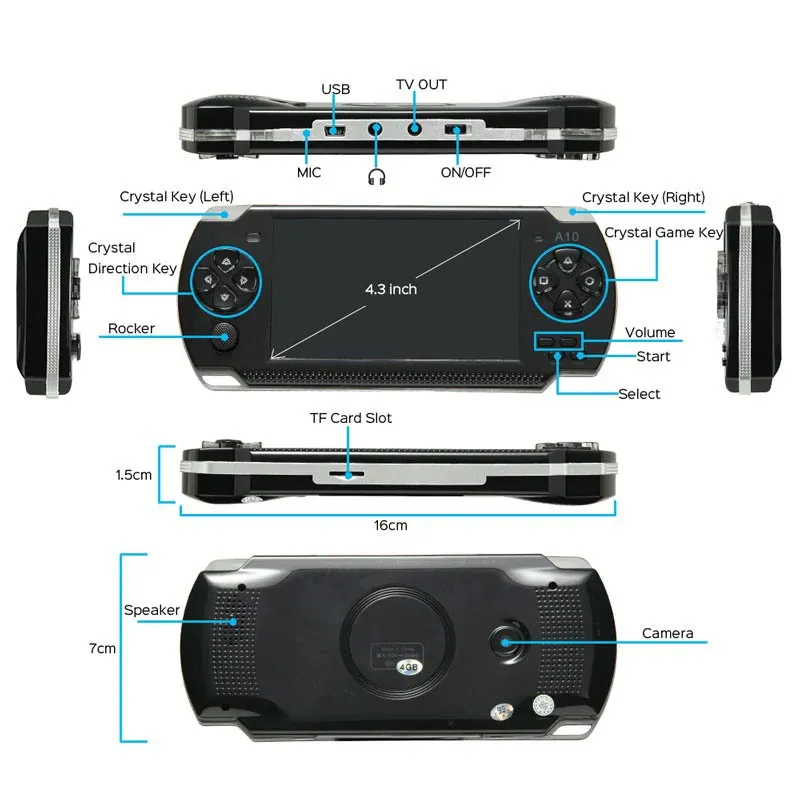 Handheld Game Console Mp4 player MP5 game player 4.3 Inch Screen 8GB Support for PSP Game,Camera,Video,E-Book