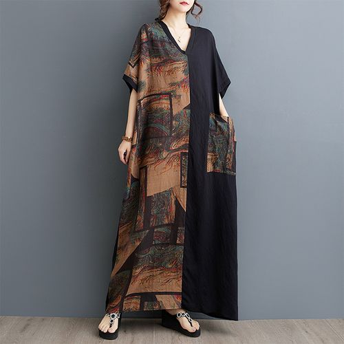 Women's Plus Boho Lounge Dress, Plus Size Colorblock Peacock Feather Print Batwing Sleeve V Neck Loose Nightdress With Pockets
