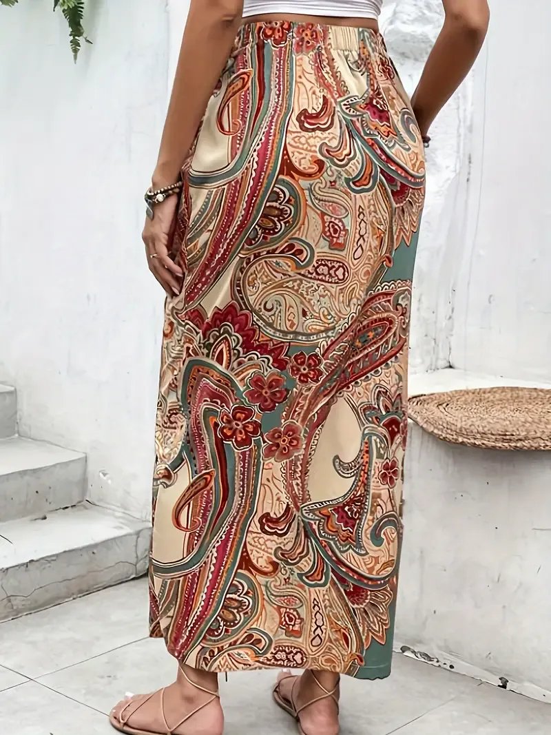 Paisley Print Wrap Tie Skirt, Vintage Slim High Waist Skirt For Spring & Summer, Women's Clothing