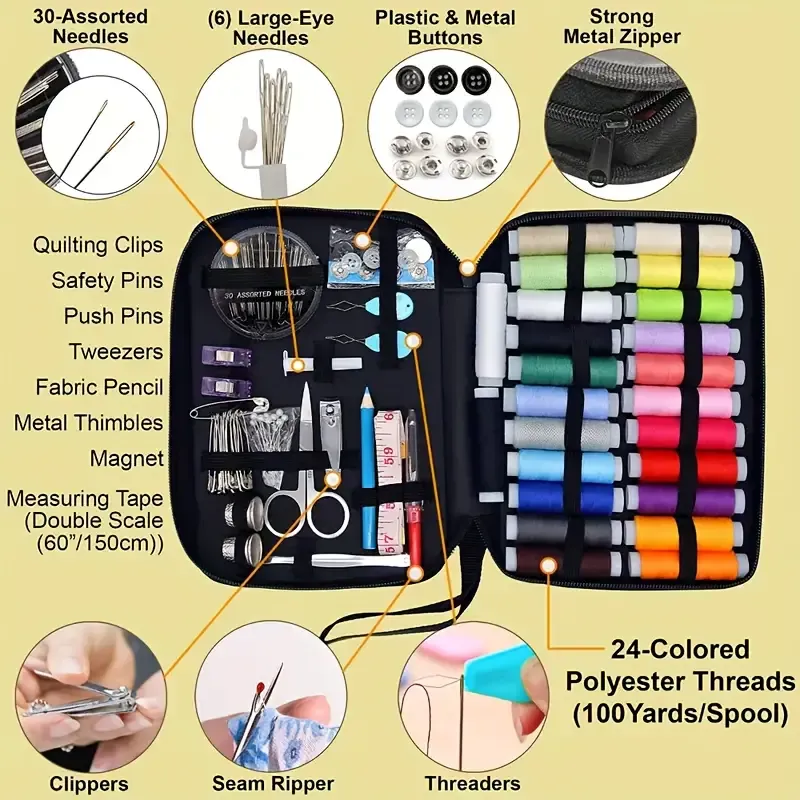 Complete 98pcs Sewing Kit with 24 Assorted Thread Colors, Needles & Accessories - Compact Travel Mini Repair Set for Emergencies