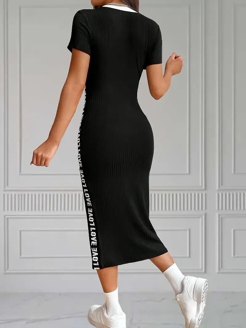 Short Sleeve Crew Neck Slim Fit Pencil Dress