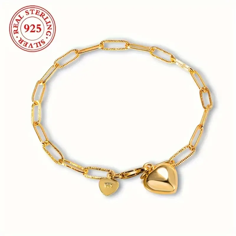 1pc S925 Sterling Silver Chain Bracelet,  Rectangle Pin & Heart Charm, Fashion Vintage Simple Style