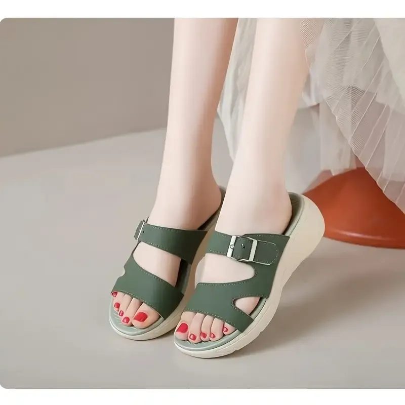Women's Fashion Slide Sandals - Casual, Machine Washable, Solid Color with Buckle Closure, Round Toe Design, Vegan Cover Upper & EVA Insole