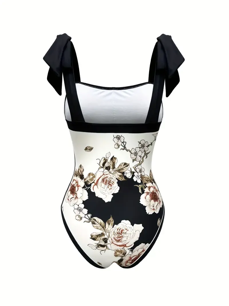 Floral Pattern 2 Piece Swimsuits, Bow Tie Shoulder Straps One-piece Bathing-suit & Cover Up Skirt, Women's Swimwear & Clothing