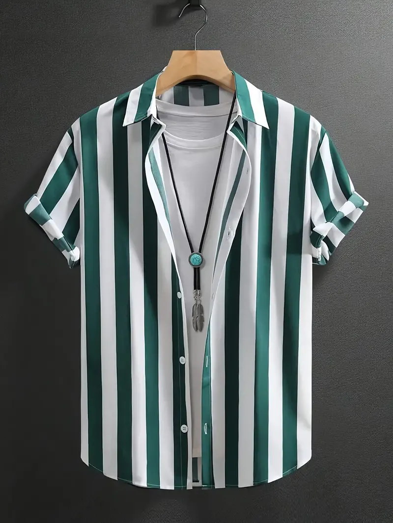 Men's Casual Striped Print Button-Up Shirt - Breathable Polyester, Machine Washable, Short Sleeve, Summer-Ready, Non-Sheer with Collar Detail
