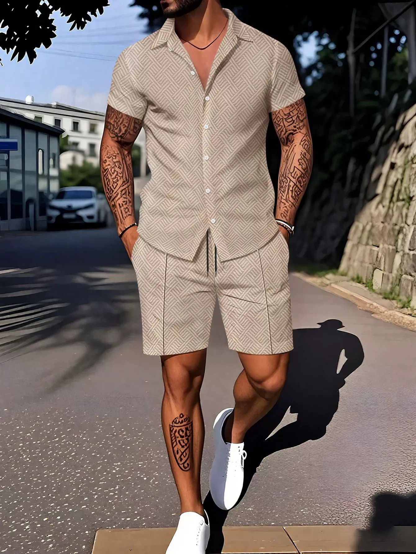 Fashion men's digital printing casual short-sleeved suit
