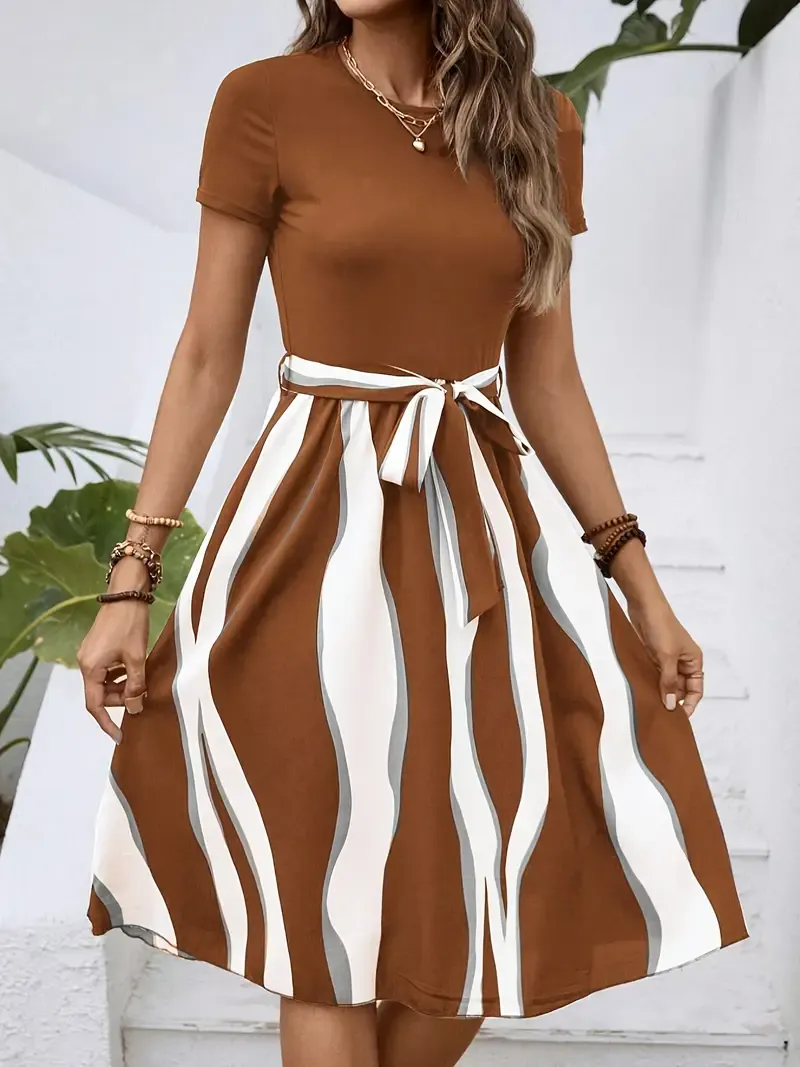 Striped Print Tie Waist Splicing Dress, Versatile Short Sleeve Dress For Spring & Summer, Women's Clothing For Elegant Dressing