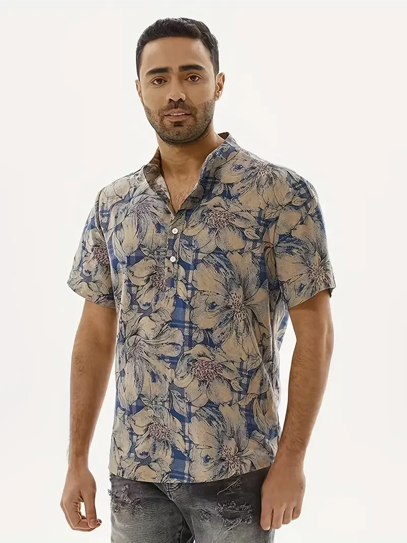 Vibrant Floral Print Henley Shirt