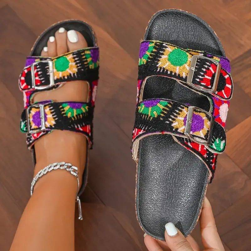 🔥🔥Hot Sale Promotion -Women's Colorful Slide Sandals, Casual Open Toe Flat Summer Shoes, Lightweight Double Buckle Strap Design Slide Sandals