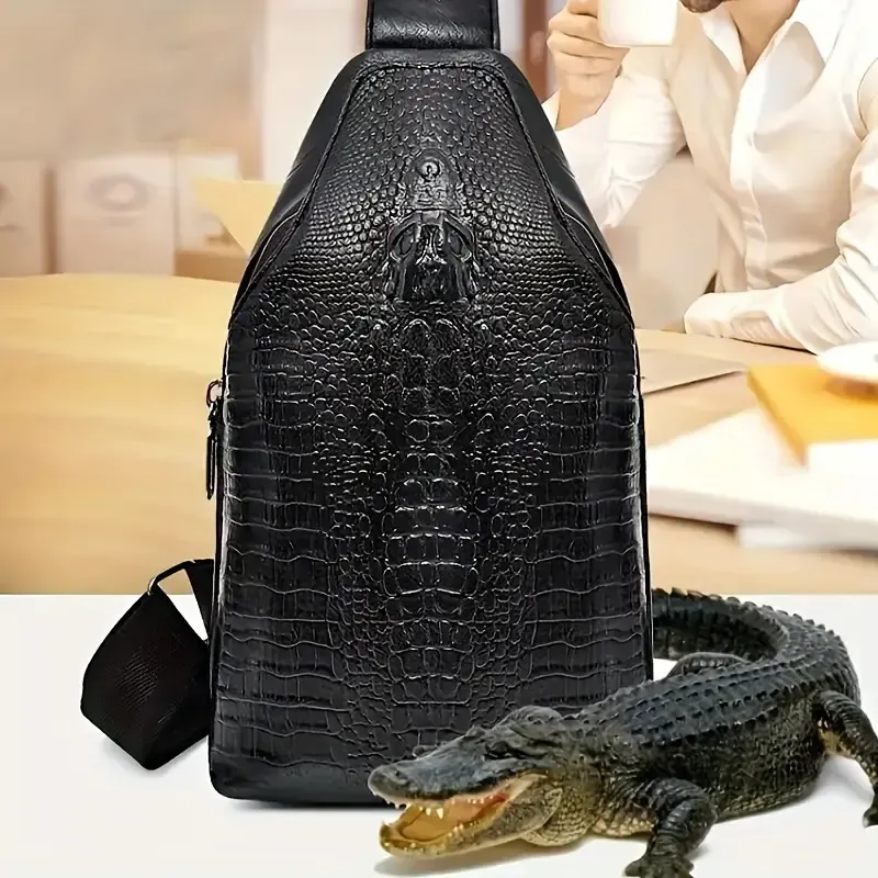 1pc Men's PU Leather Shoulder Bag, Crossbody Crocodile Pattern Waterproof Outdoor Travel Chest Bag