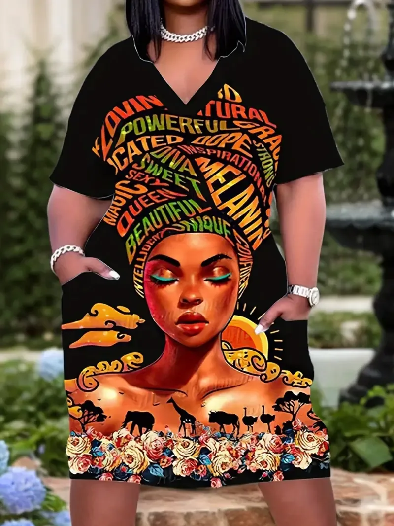 Plus Size Woman & Letter Print Pocket Dress, Casual V Neck Short Sleeve Dress For Spring & Summer, Women's Plus Size Clothing