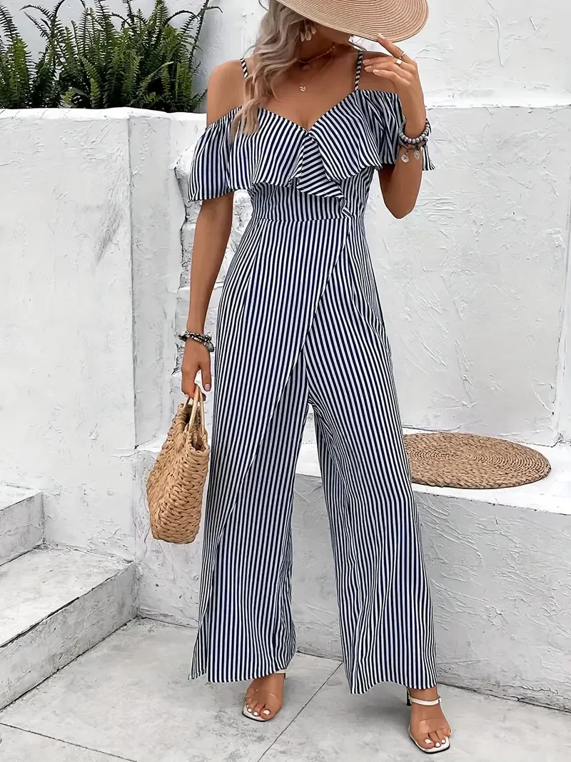 Summer Striped Spaghetti Strap Jumpsuit with Ruffle Trim, Straight Leg, Women's Clothing for Vacation Style
