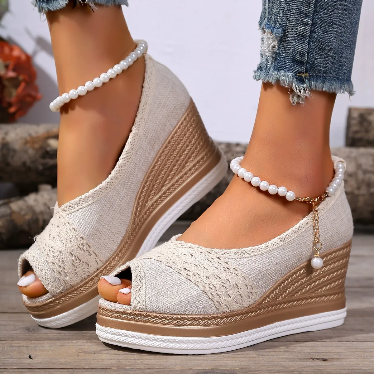Wedge heel sandals thick sole fish mouth buckle