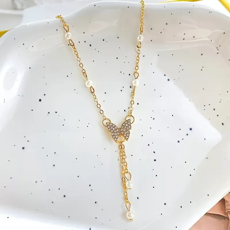 1pc Bling Bling Elegant Style Artificial Pearl Butterfly Pendant Necklace Collarbone Chain Suitable For Women Banquet Accessories