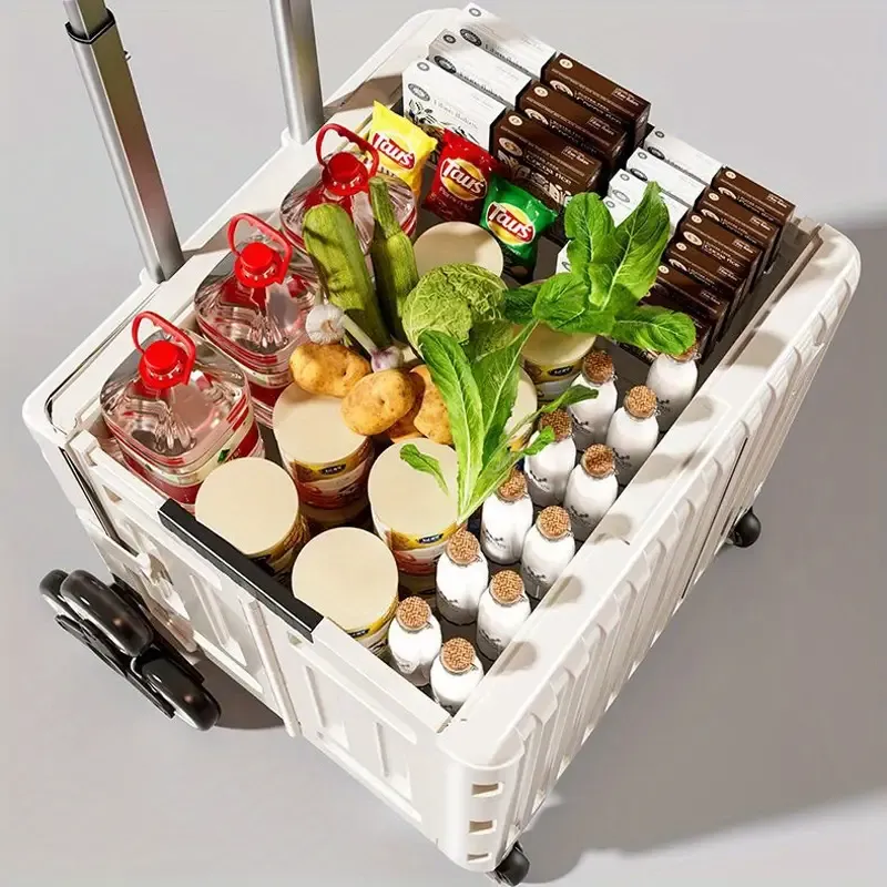 Portable Rolling Picnic Cart with Lid, Lightweight Pull-Along Suitcase with Hardwood Grain Finish, Durable Plastic and Metal Construction, Foldable and Collapsible, Modern Design Storage Organizer