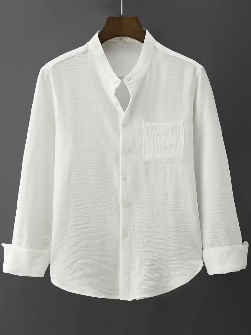 Men's Solid Color Casual Stand Collar Button-Up Shirt For Casual Daily Wear, Spring Summer Autumn