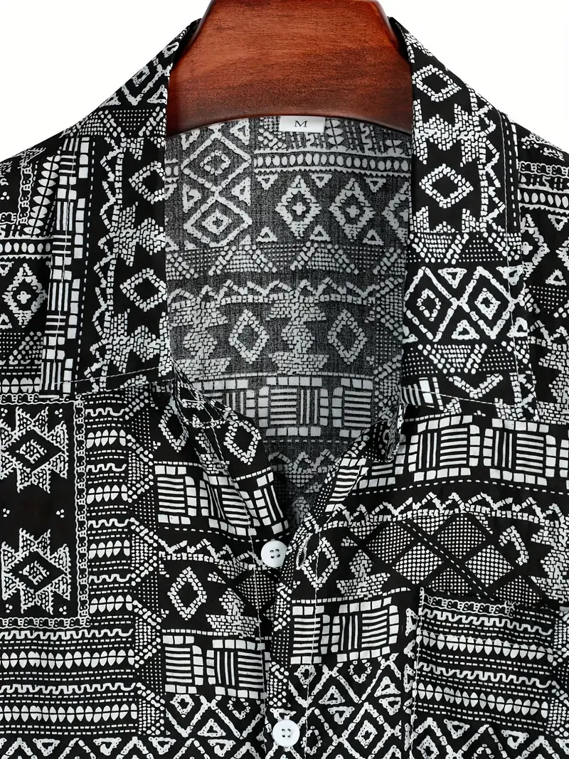 Ethnic Style Hawaiian Shirt, Men's Casual Allover Print Chest Pocket Button Up Short Sleeve Shirt For Summer Beach Vacation Resort