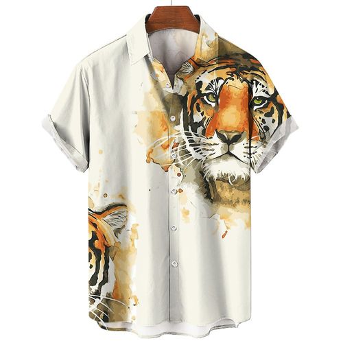 Painting Tiger Pattern Men's Vintage Short Sleeve Button Down Shirt, Men's Leisurewear For Summer Holiday