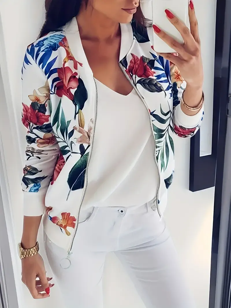 Floral Print Zip Up Jacket, Casual Long Sleeve Jacket For Fall & Winter, Women's Clothing