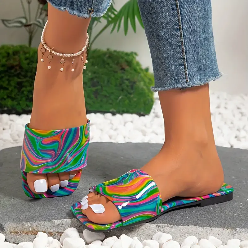 Women's Abstract Color Slide Sandals, Fashion Square Open Toe Flat Summer Shoes, Lightweight Slide Sandals