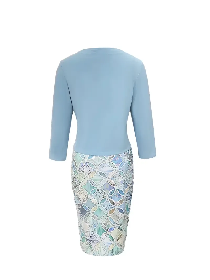 Elegant Two Piece Set, Outwear & Geo Pattern Crew Neck Tank Dress, Women's Clothing