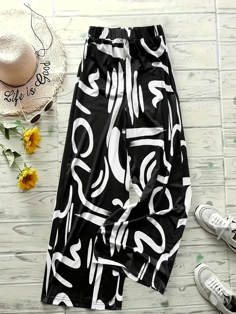 Wide Leg High Waist Brush Print Pants, Casual Loose Pants For Spring & Summer, Women's Clothing