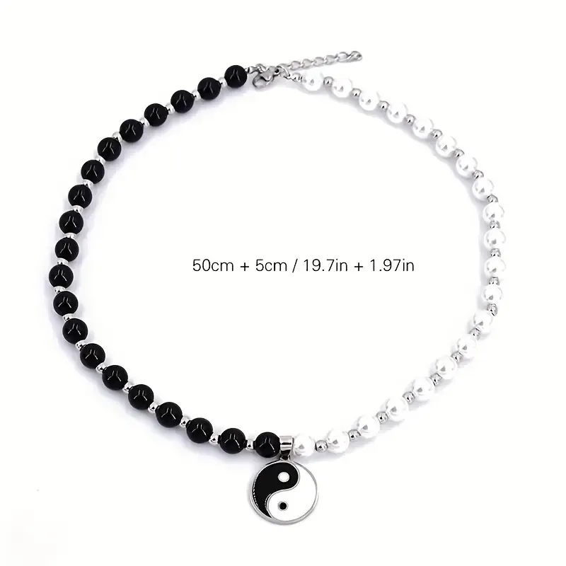 1pc Men's Fashion Simple Black And White Pearl Tai Chi Pendant Necklace