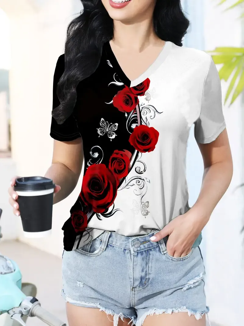 Vibrant Roses Print V-Neck Short Sleeve T-Shirt