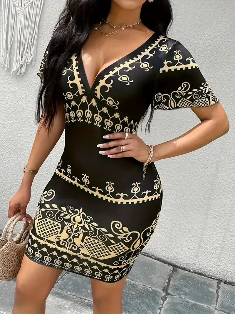 Trendy Graphic Print V Neck Dress