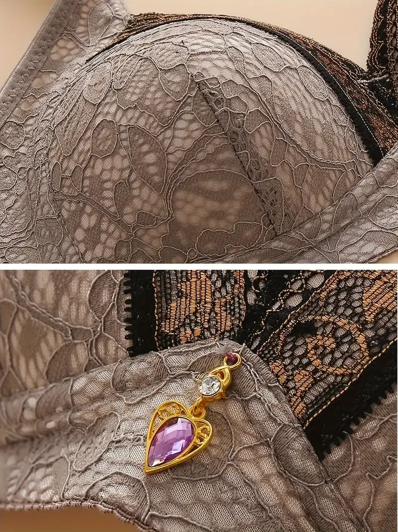 Rhinestone Decor Jacquard Lace Wireless Anti Sagging Bra, Elegant Adjustable Straps Push Up Breathable Bra, Women's Lingerie & Underwear