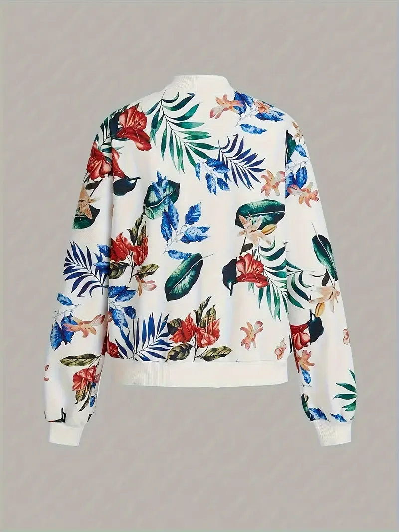 Floral Print Zip Up Jacket, Casual Long Sleeve Jacket For Fall & Winter, Women's Clothing