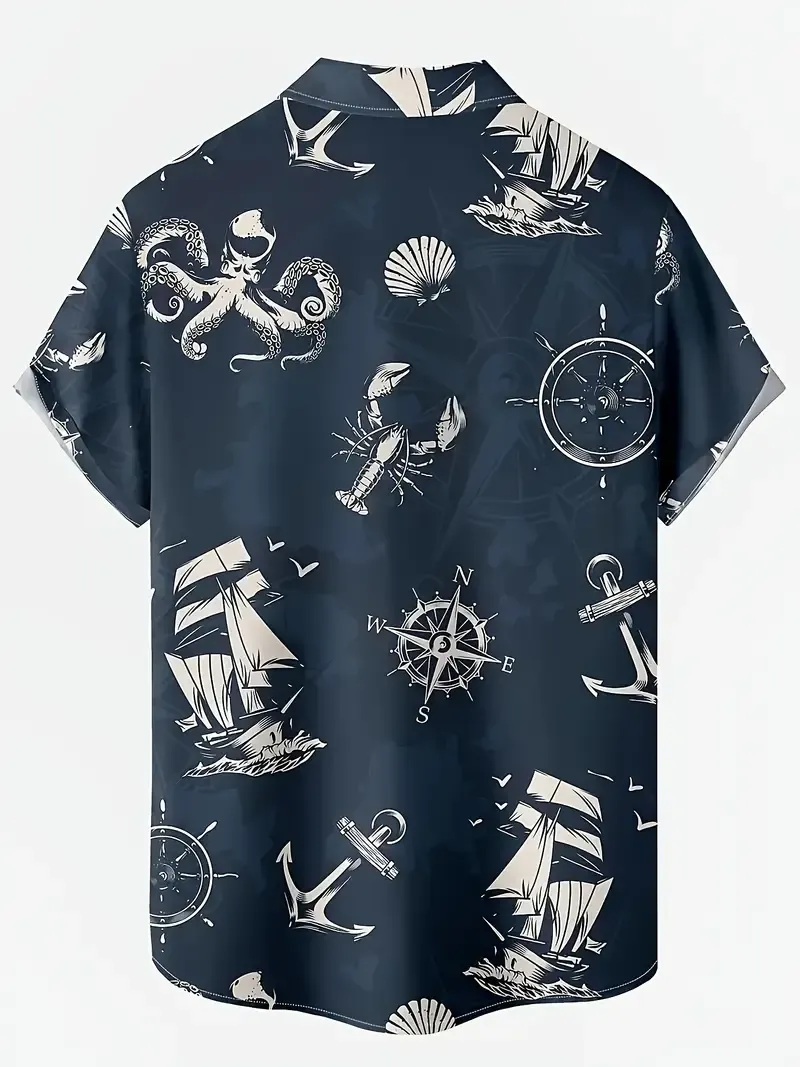 Marine Element Pattern Men's Short Sleeve Button Down Lapel Shirt For Summer Resort Holiday, Hawaiian Style