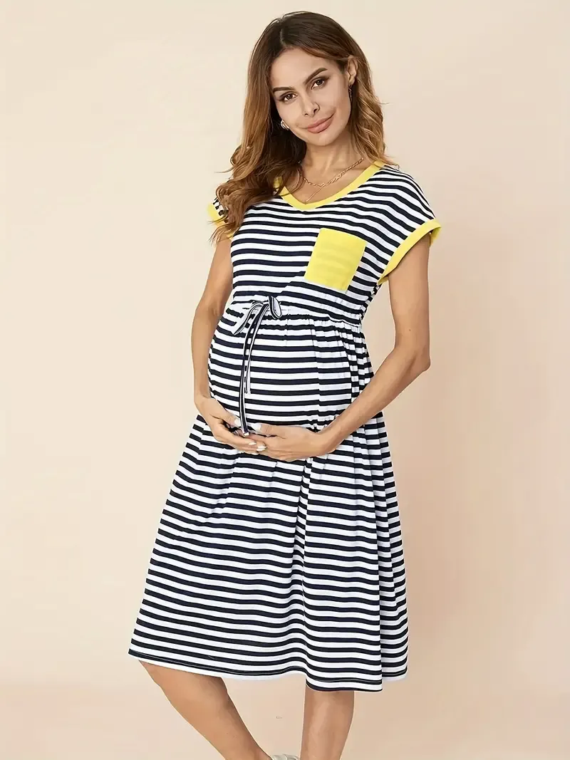 🔥🔥Hot Sale Promotion -Women's Striped Nursing Dress With Contrast Color Design, Casual Pregnancy Wear, Gender Reveal