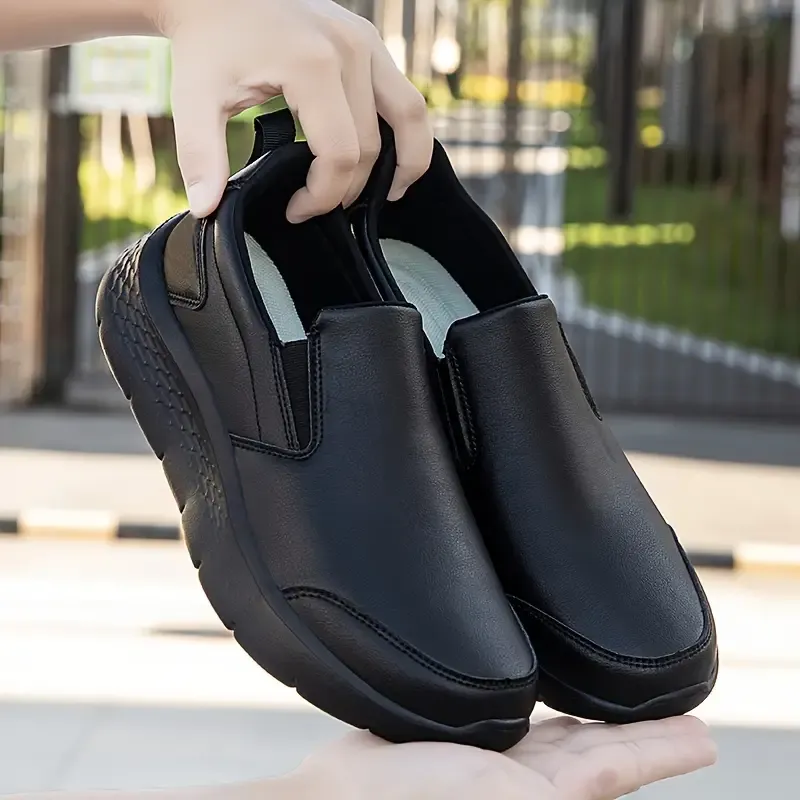 Men's Slip-On Sneakers - Casual Sport Loafers with Solid Color, Non-Slip Rubber Sole, Comfort Shock Absorption, Waterproof Oil-Resistant, Round Toe PU Upper, Fall Lightweight Athletic Shoes Without Lining