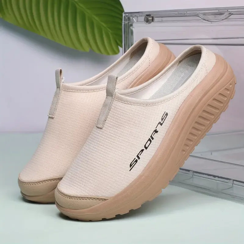 Women's Solid Color Casual Sneakers, Platform Slip On Soft Sole Mesh Walking Shoes, Half Drag Breathable Shoes plus size
