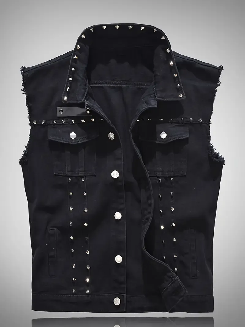 Men's Trendy Denim Vest with Rivet Accents - Casual Motorcycle Style, Cotton Blend, Non-Stretch Fabric, Sleeveless