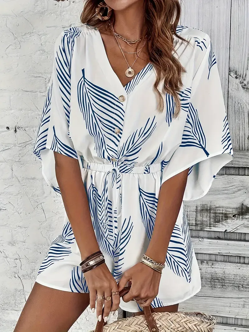 V Neck Graphic Print Romper Jumpsuit, Button Front Tie Waist, Women's Clothing