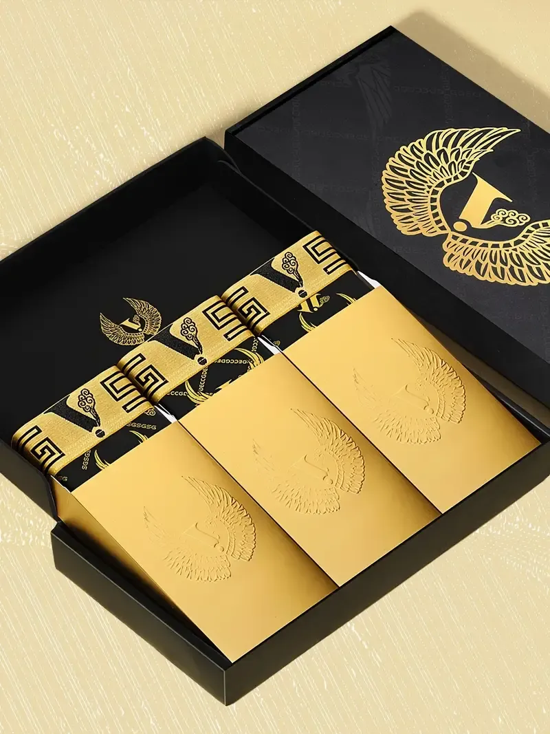 Black Golden Gift Box Package - Stylish Series 3pcs Men's Golden Wing & Chain Print Boxer Briefs - Comfy & Antibacterial Luxury Underwear Set, As Gift
