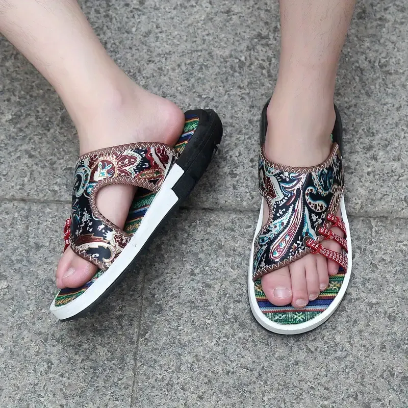 Men's Creative Sneakers Pattern Design Canvas Slides, Casual Non Slip Open Toe Slippers For Indoor Outdoor Walking, Beach Shoes For Spring And Summer
