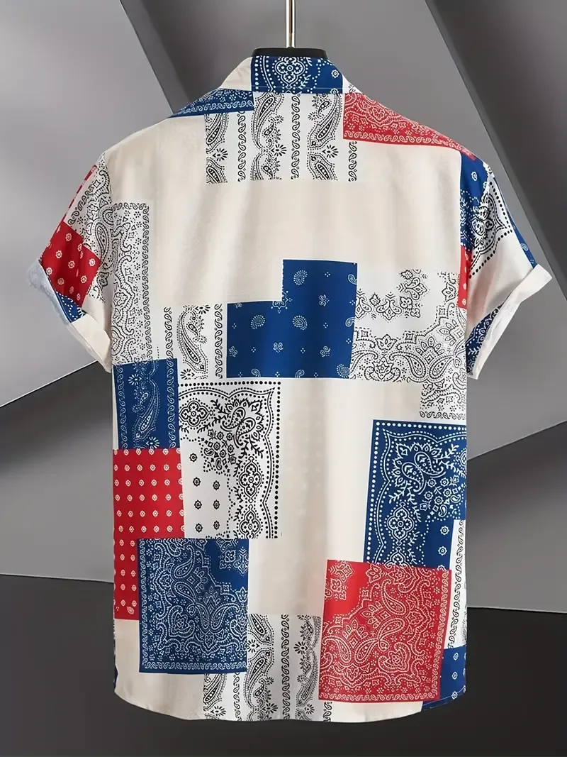 Geometric Patterned Men's Casual Shirt in Red, White, and Blue - Perfect for Summer