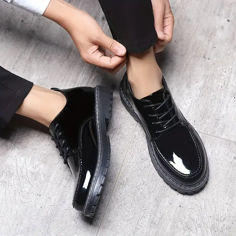 Men's Faux Patent Leather Business Style Formal Shoes, Comfy Nonslip Trendy Lace Up Dress Shoes, Men's Footwear