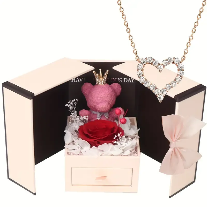 Real Rose Gift Box With Heart-Shaped Exquisite Necklace