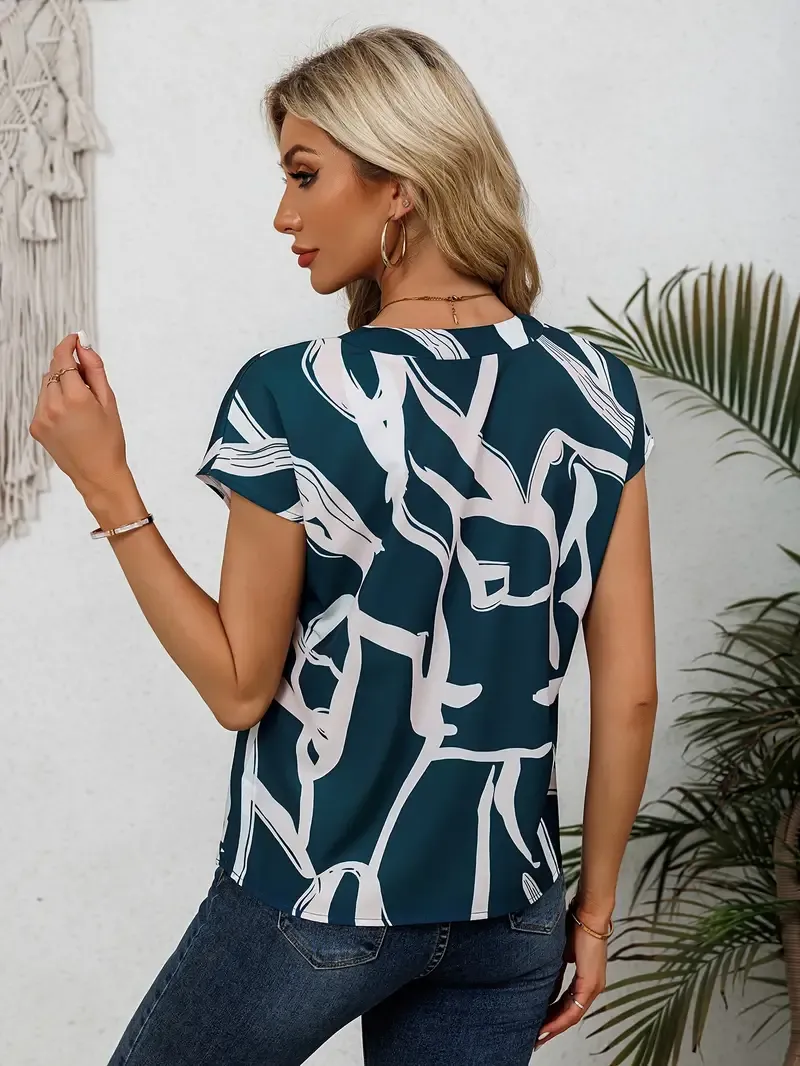 Graphic Print Notched Neck Blouse, Elegant Cap Sleeve Blouse For Spring & Summer, Women's Clothing