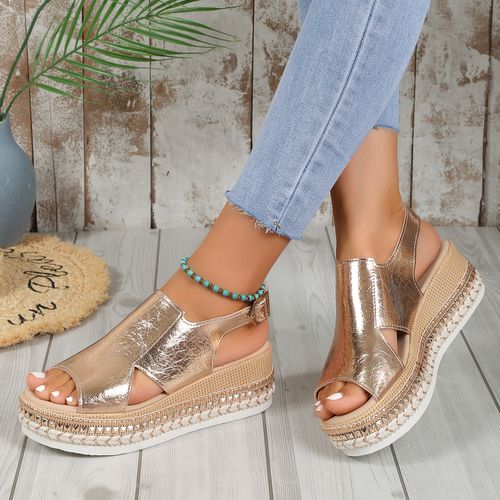 Fish-mouth buckle wedge platform sandals for women, thick-soled, shiny surface women's sandals