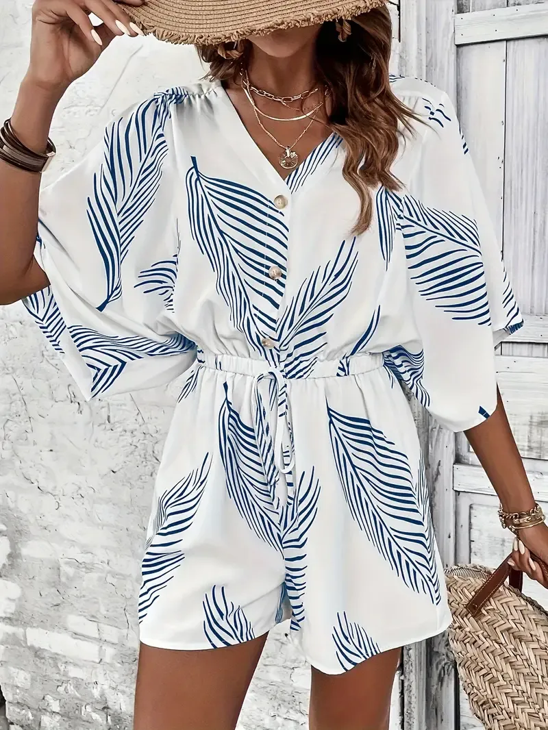 V Neck Graphic Print Romper Jumpsuit, Button Front Tie Waist, Women's Clothing