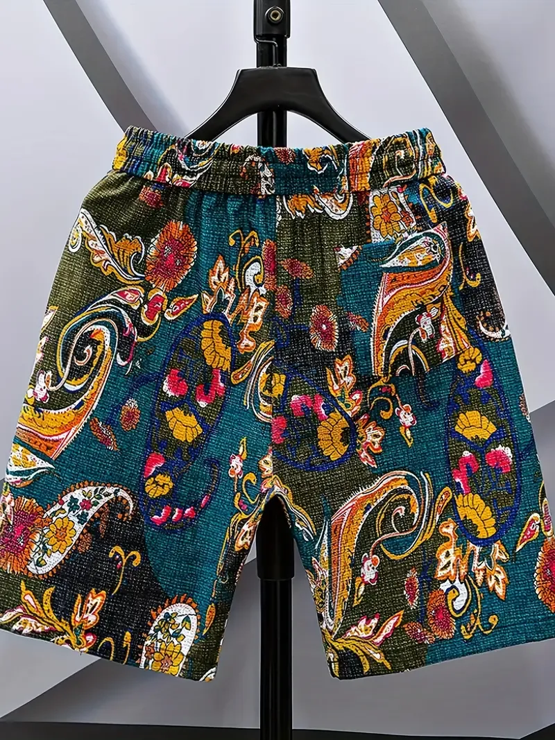 Classic Men's Shorts With Drawstring And Pockets, Novel And Trendy Floral Pattern Casual Shorts For Summer Street And Holiday Wear